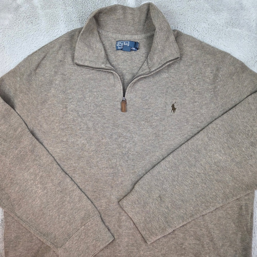 Polo Ralph Lauren Sweater Mens XXL 1/4 Zip Cotton Knit Pony Logo Heather Tan